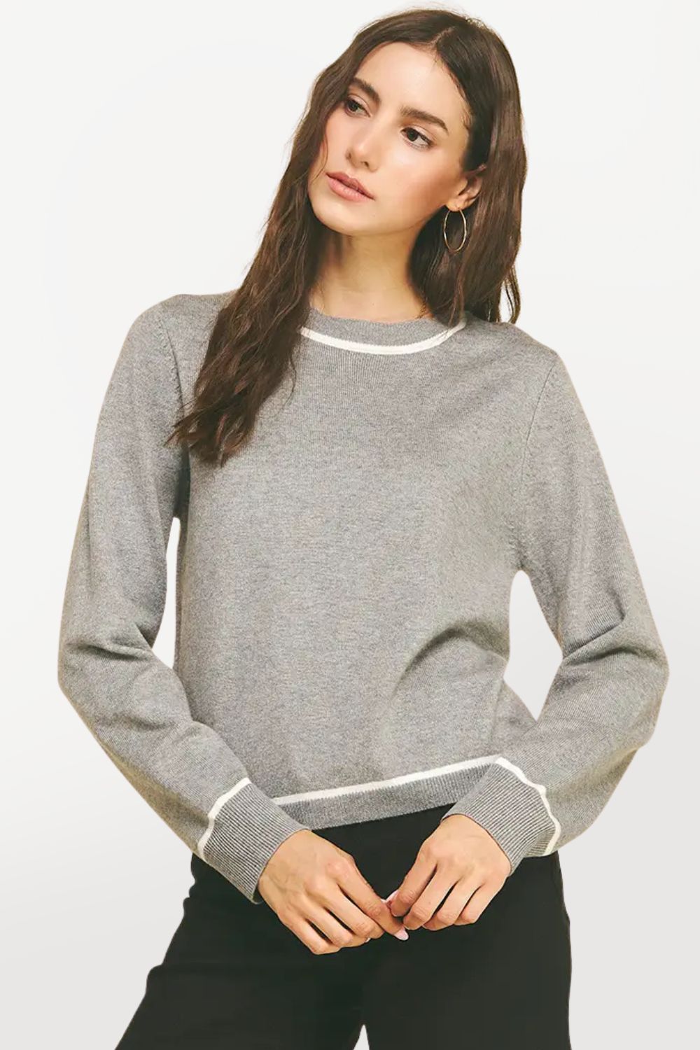 Striped Detail Knit Sweater - Heather Grey