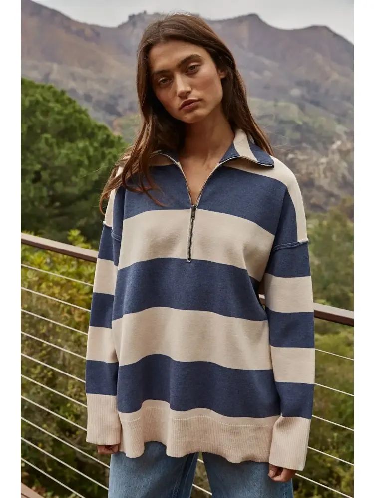 Quarter Zip Rugby Pullover Sweater - Navy/Cream
