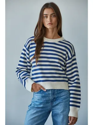 Striped Cotton Pullover Sweater - Cream Navy