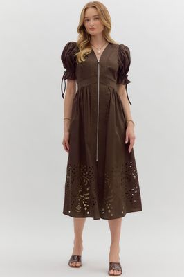 Elbow Sleeve Eyelet Hem Midi Dress - Chocolate