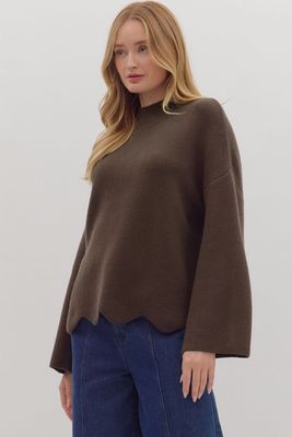 Scalloped Hem Sleeve Sweater - Chocolate Brown