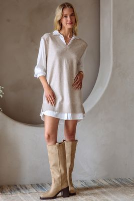 Mixed Media Shirt Dress - Beige/Cream