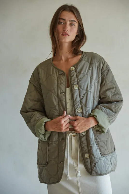 Woven Nylon Quilted Jacket - Olive Green