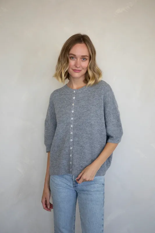 Elbow Sleeve Ribbed Cardigan - Heather Grey