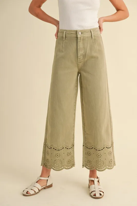 Eyelet Scalloped Wide Leg Pants - Olive