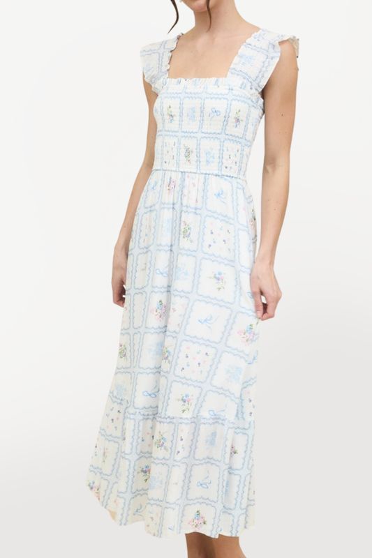 Smocked Tiered Midi Dress - Floral Bows