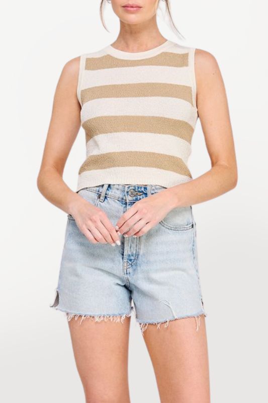 Pebbled Knit Striped Tank - Latte