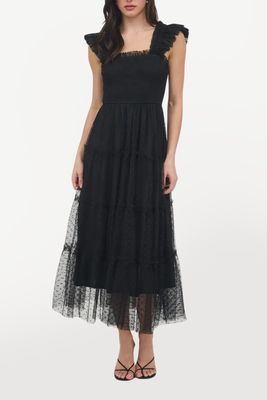 Chiffon Clip Dot Midi Dress - Black