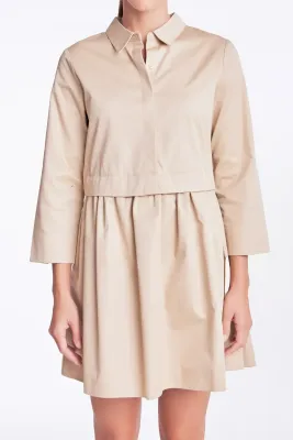 3/4 Sleeve Shirt Dress - Taupe