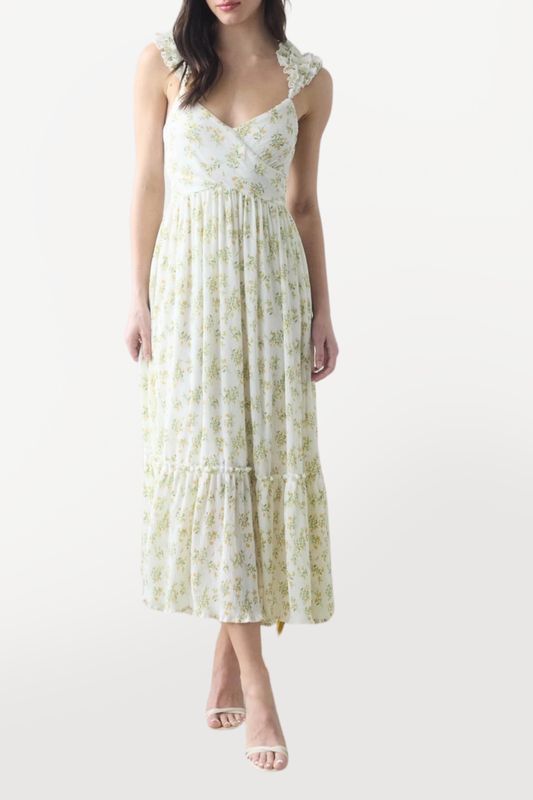 Ruffle Strap Wrap Midi Dress - Ivory Green Floral