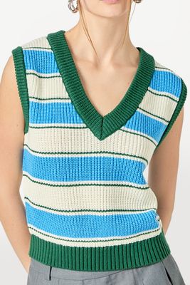 Sleeveless Knit Sweater - Blue/Green Stripe