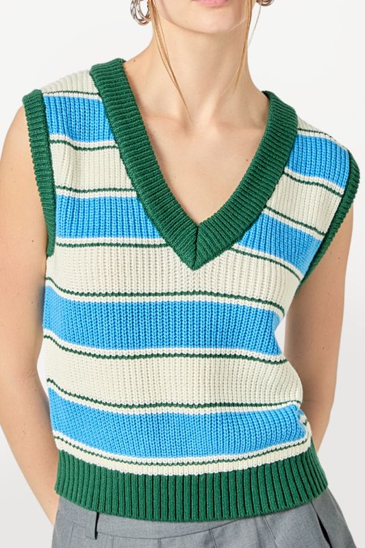 Sleeveless Knit Sweater - Blue/Green Stripe