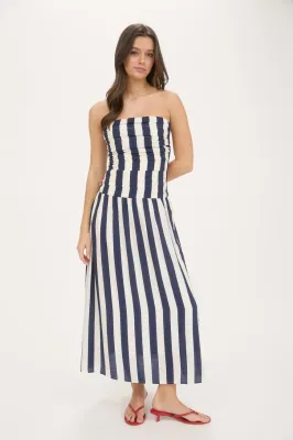 Strapless Striped Midi Dress - Navy