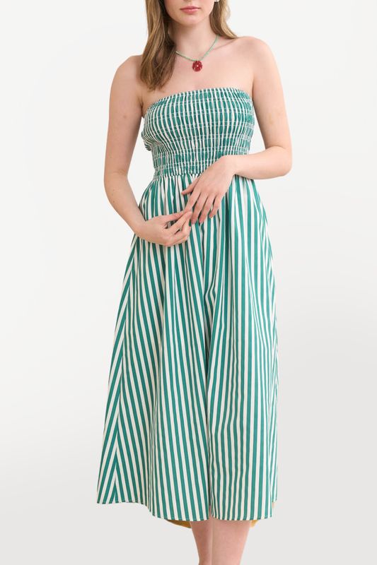 Strapless Striped Smocked Midi Dress - Green