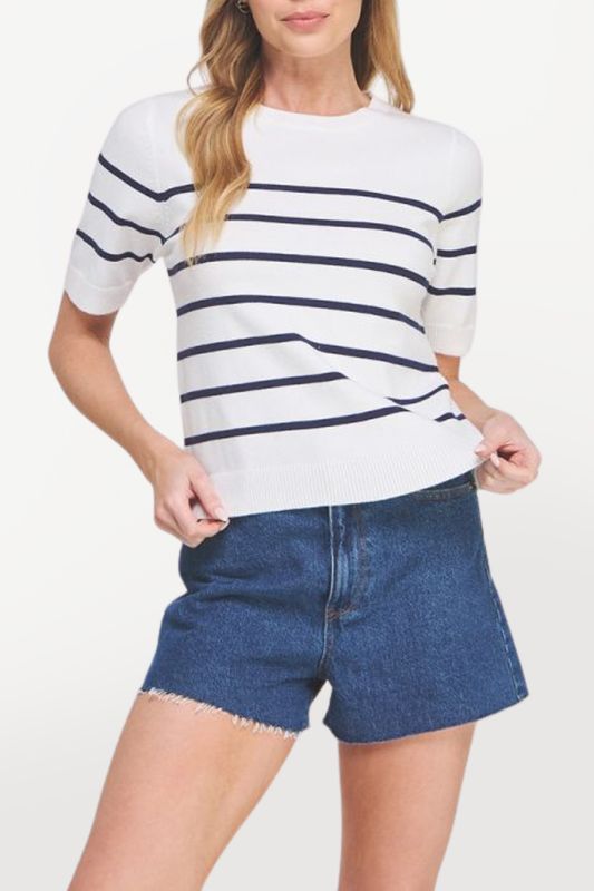 Short Sleeve Fine Gauge Prep Sweater - Navy Stripe