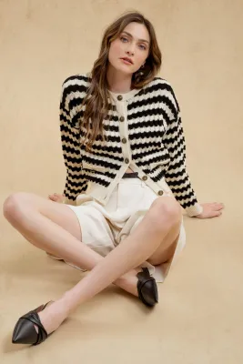 Striped Crewneck Cardigan - Black