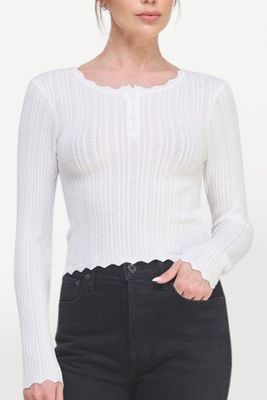 Long Sleeve Fine Gauge Pointelle Henley - White