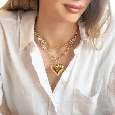 Big Puffy Heart Necklace - Gold