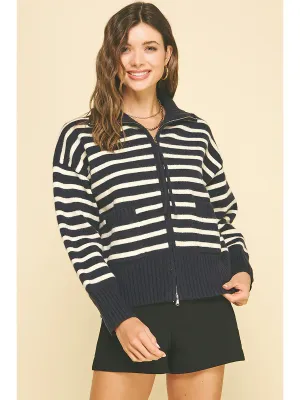 Striped Zip-Up Sweater - Ink