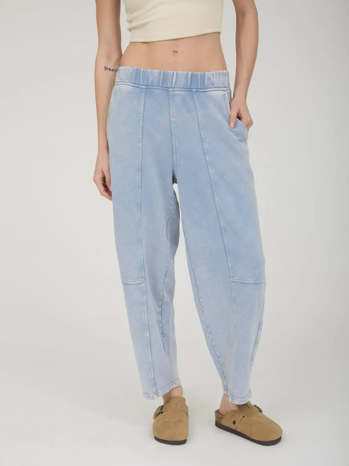 Acid Washed Barrel Leg Sweats - Light Blue