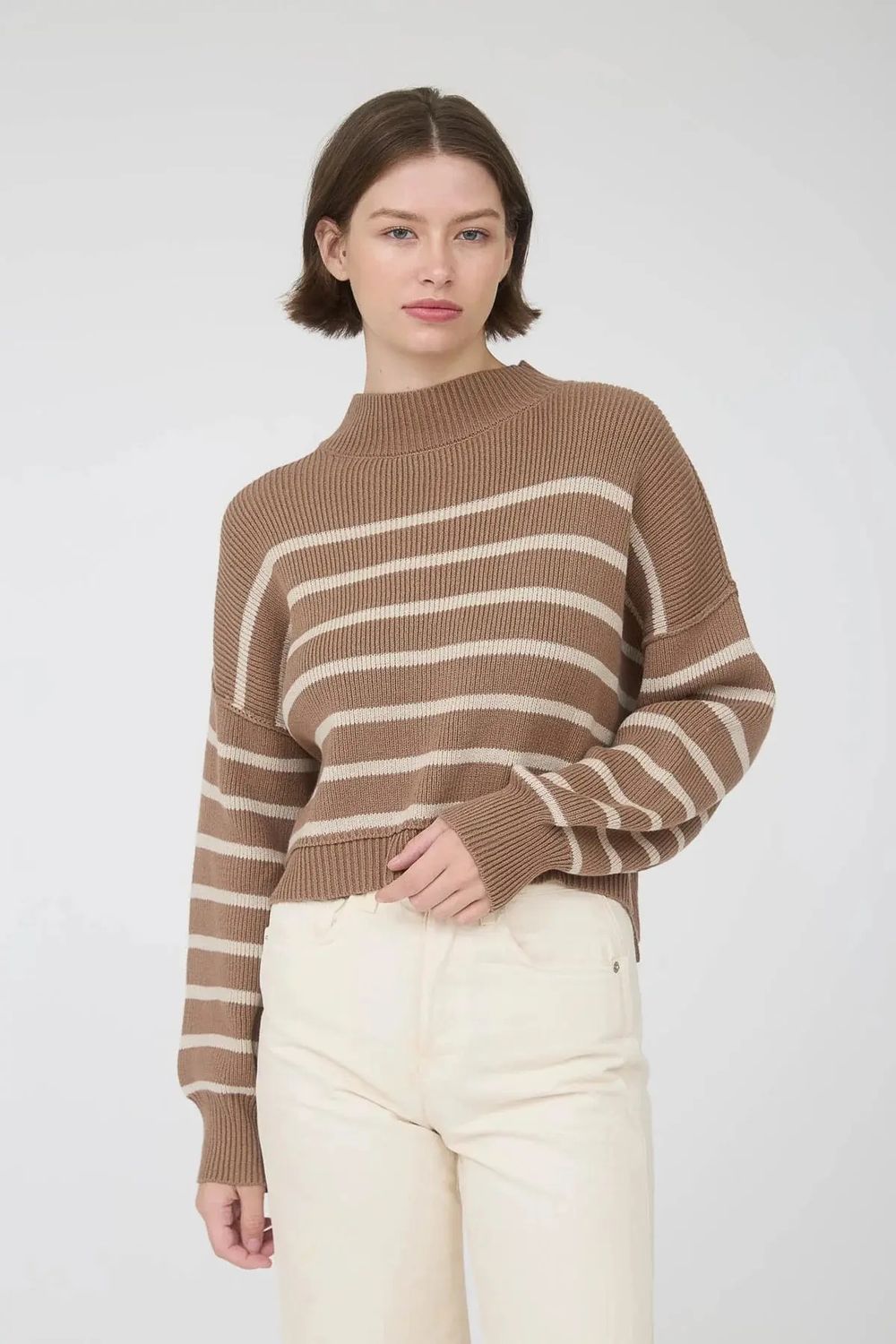 Mock Neck Drop Shoulder Stripe Sweater