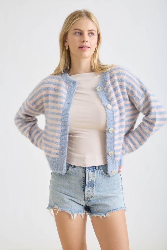 Stripe Fuzzy Knit Cardigan - Blue/Blush