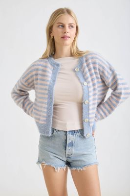Stripe Fuzzy Knit Cardigan - Blue/Blush