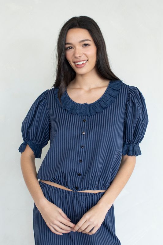 Ruffle Detailed Blouse - Navy Stripe