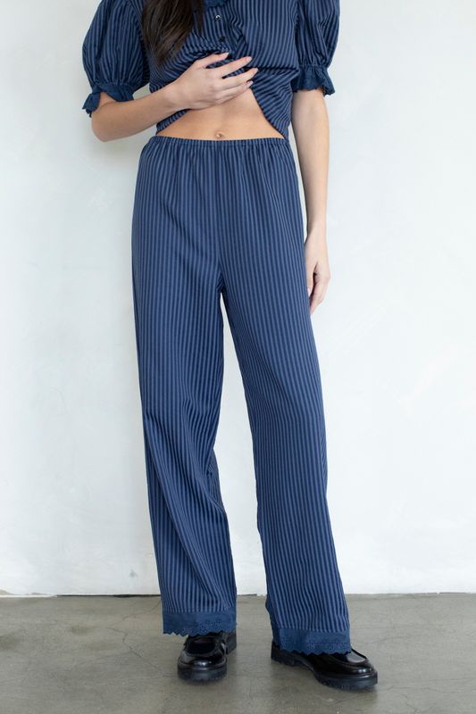 Ruffle Detailed Eyelet Trim Pants - Navy Stripe