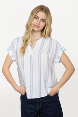 Split Neck Woven Shirt - Light Blue Stripe