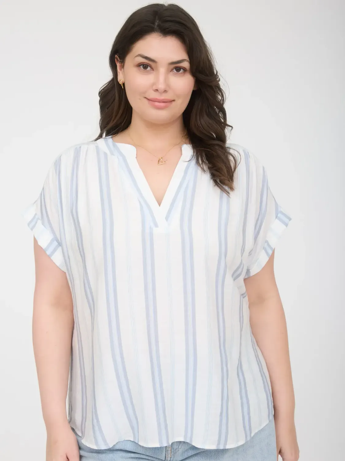 Plus Split Neck Woven Top - Light Blue Stripe