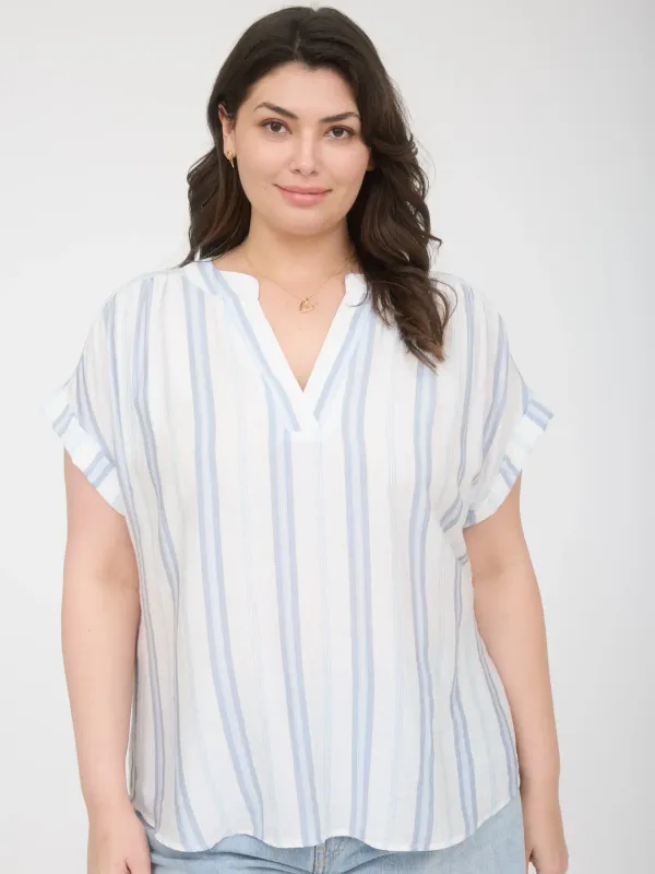 Plus Split Neck Woven Top - Light Blue Stripe