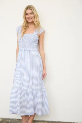 Striped Ruffle Trim Midi Dress - Blue