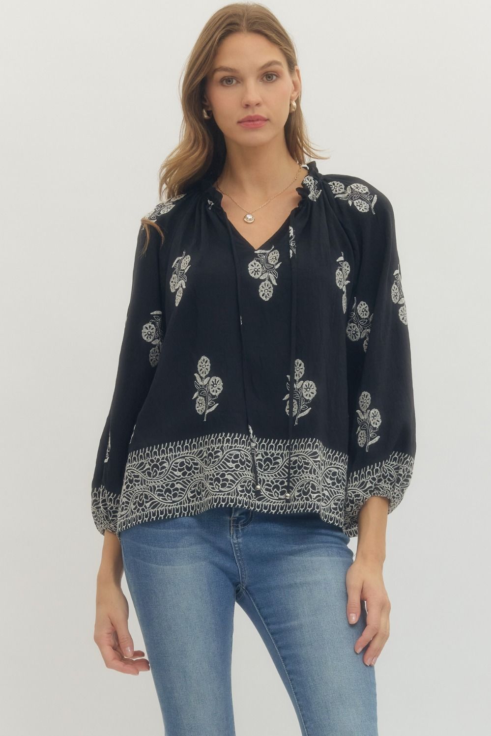 Floral Embroidered Blouse  - Black