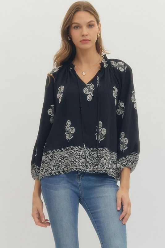 Floral Embroidered Blouse  - Black