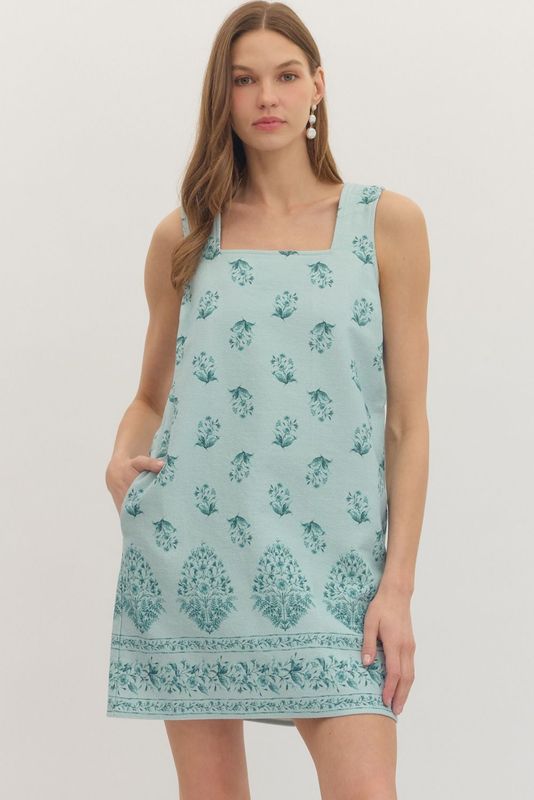 Botanical Block Print Square Neck Dress