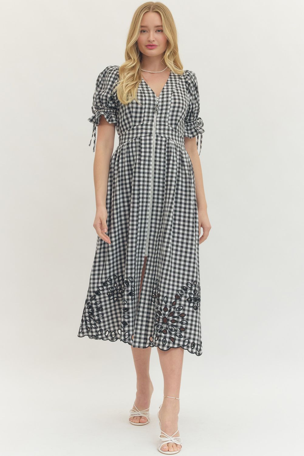 Elbow Sleeve Eyelet Hem Midi Dress - Black Gingham