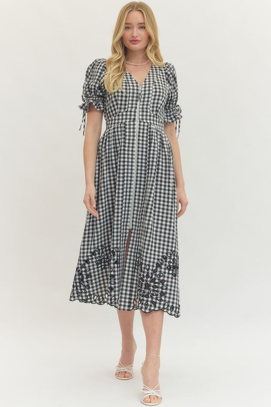 Elbow Sleeve Eyelet Hem Midi Dress - Black Gingham