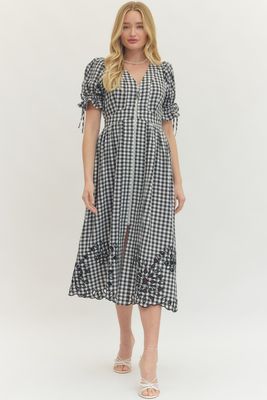 Elbow Sleeve Eyelet Hem Midi Dress - Black Gingham