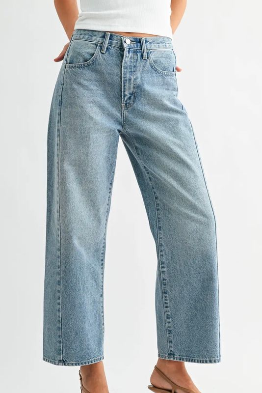 High Rise Twist Seam Barrel Jeans - Medium Wash