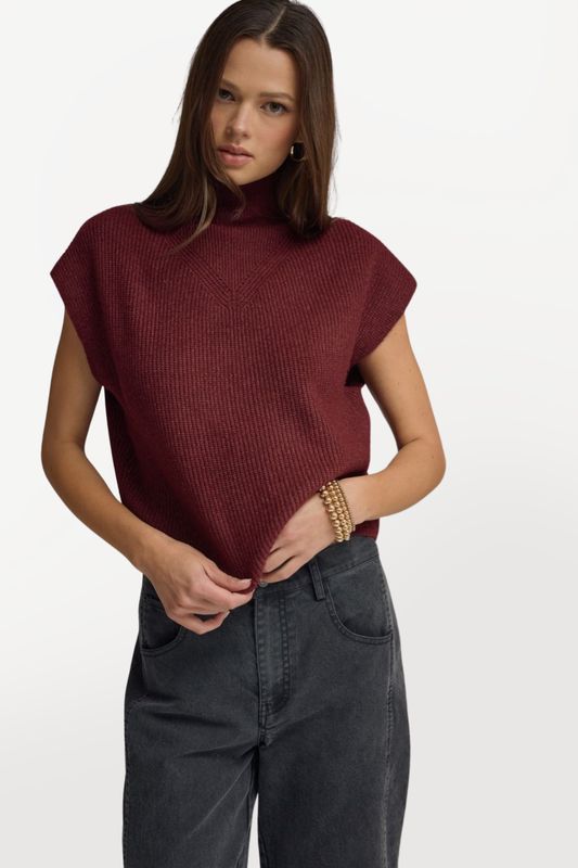 Cap Sleeve Mock Neck Ribbed Sweater