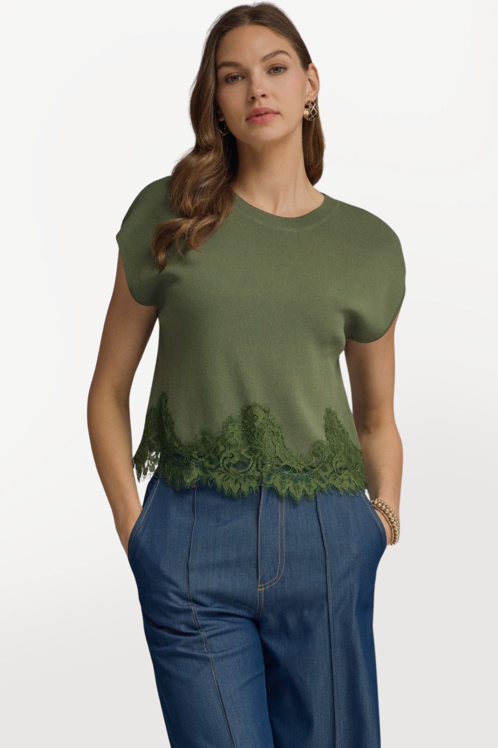 Lace Hem Cap Sleeve Sweater