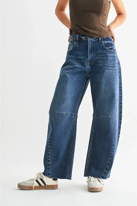 Raw Hem Barrel Jean with Seams - Dark Wash