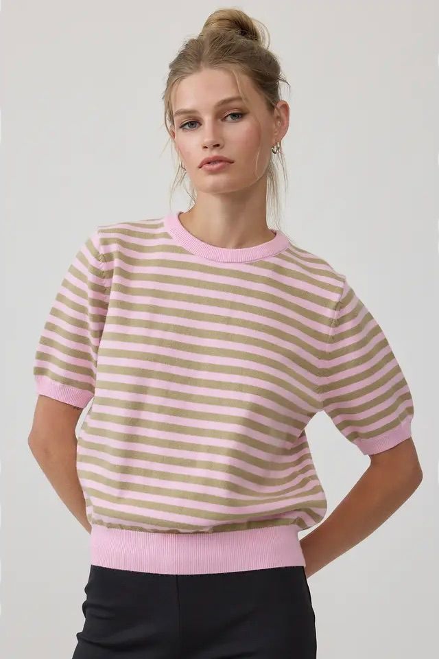 Stripe Knit Short Sleeve Sweater