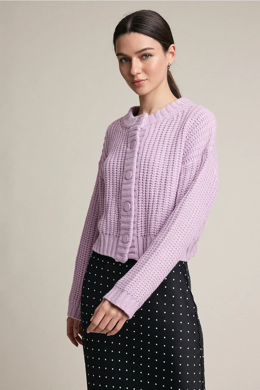 Chunky Knit Button Front Cardigan - Lavender