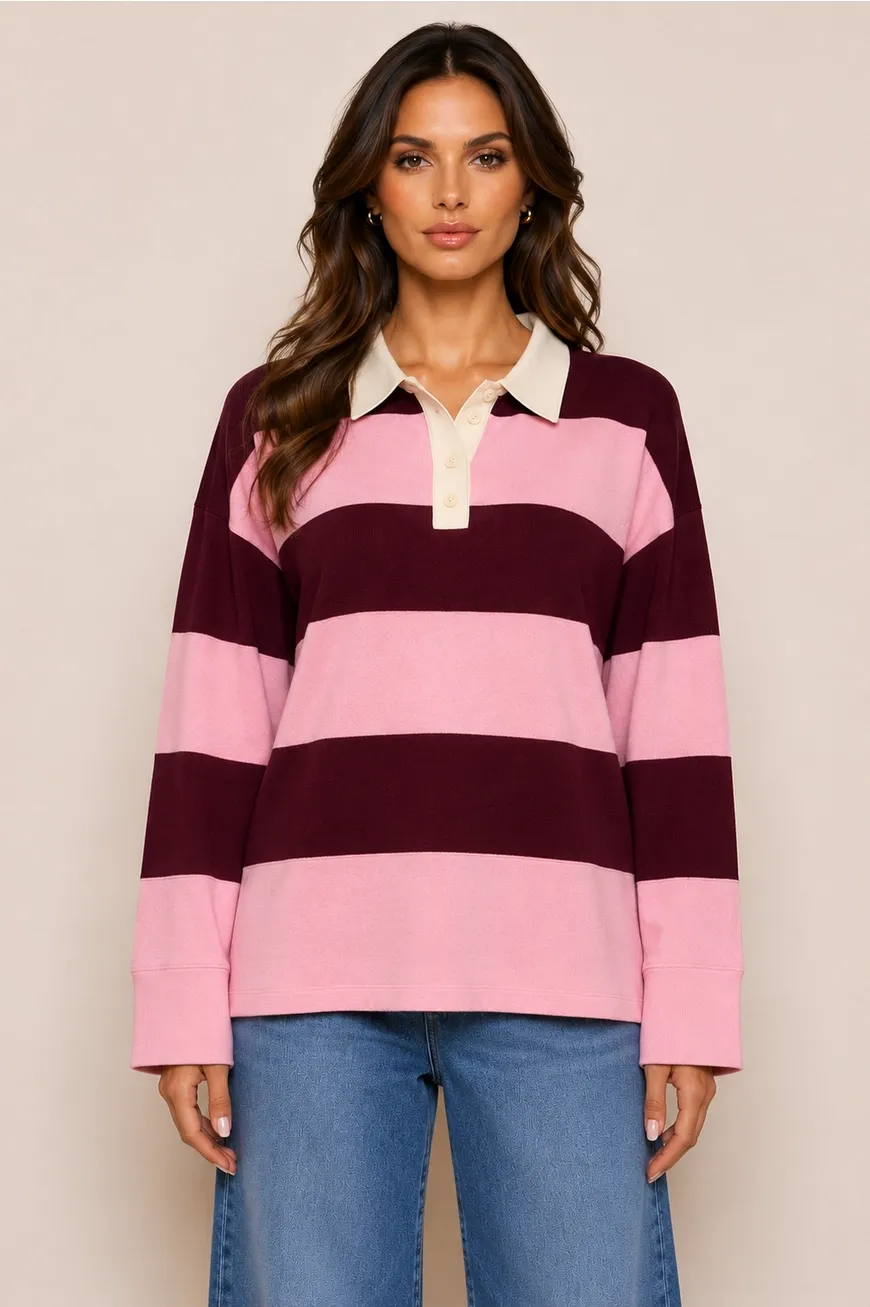 Stripe Rugby Sweater - Pink/Burgundy