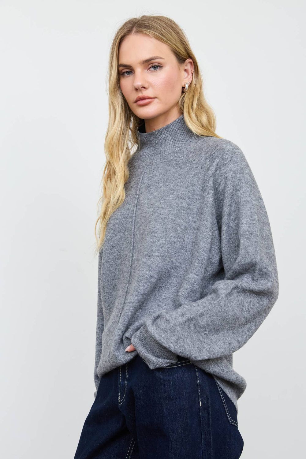 Center Seam Mock Neck Relaxed Pullover Sweater