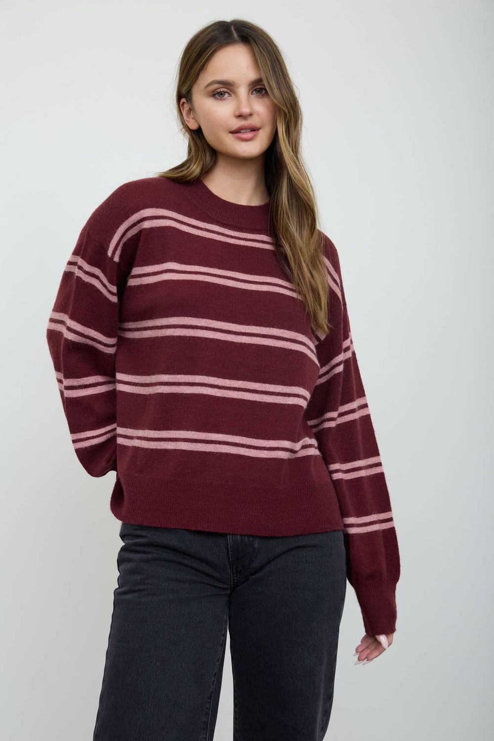 Stripe Drop Sleeve Crew Neck Knit Pullover 