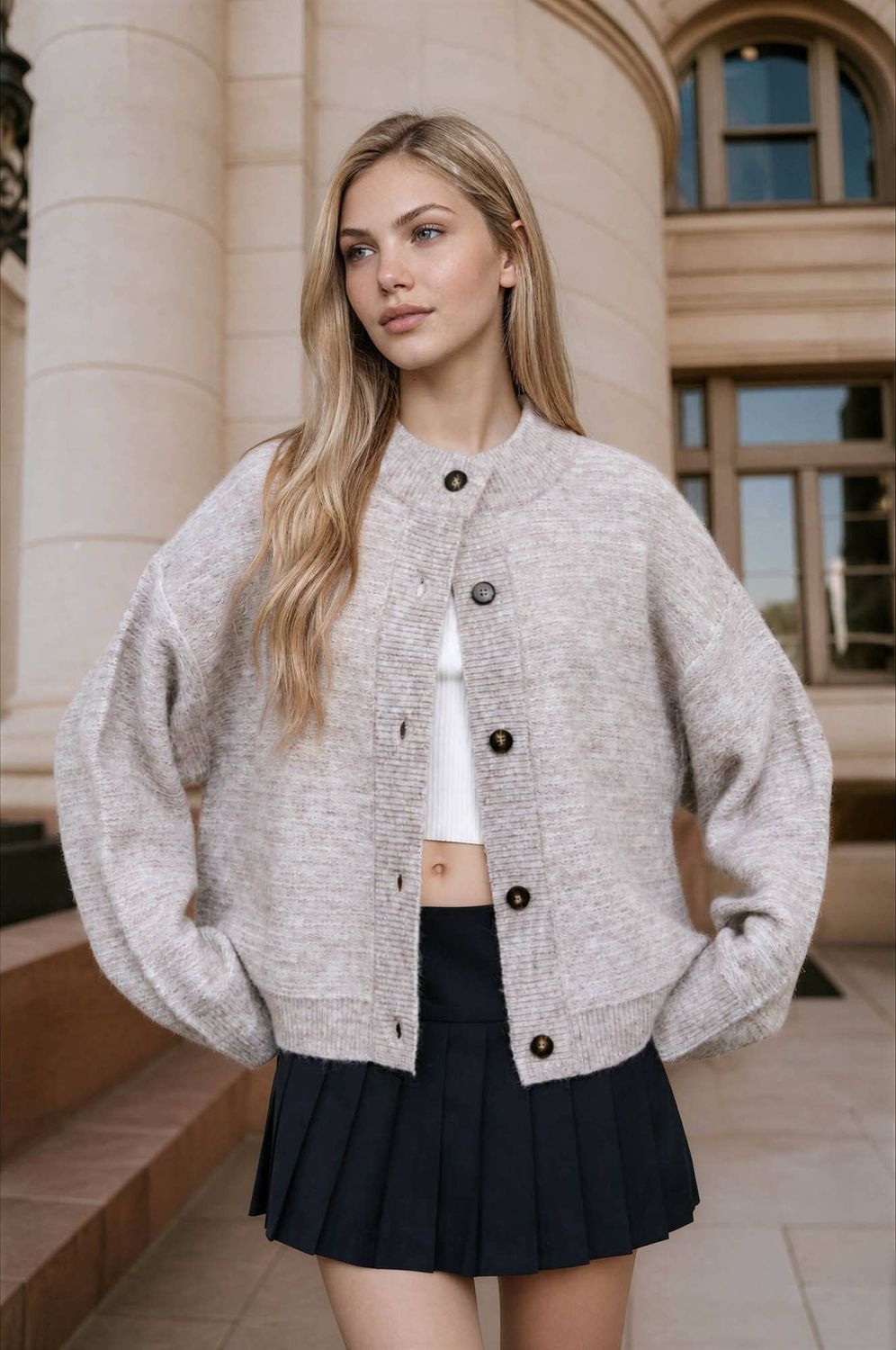 Marled Ribbed Trim Button Down Knit Cardigan