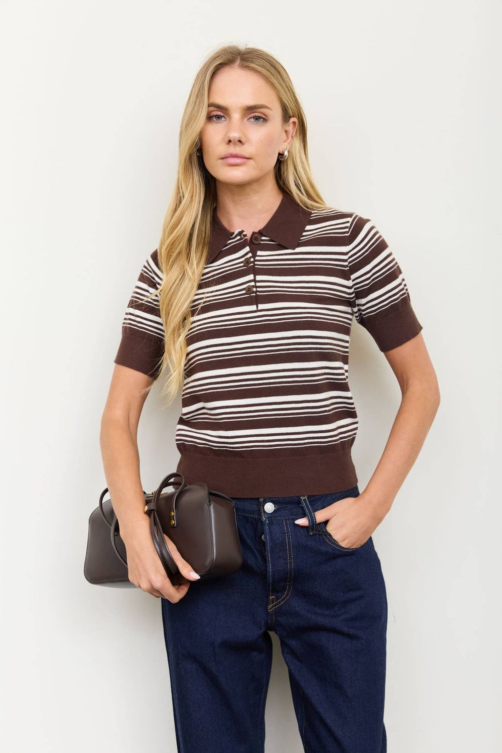 Striped Polo Short Sleeve Sweater Knit Top